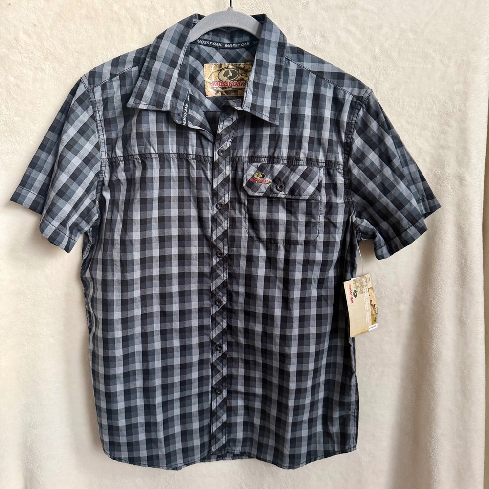 Mossy Oak Brand Camo‎ Sz S Black Gray Plaid Short Sleeve Button Down Shirt NWT